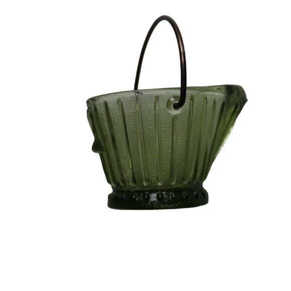 VTG Hazel Atlas Green Glass Miniature Coal Bucket Toothpick Holder Ashtray - Picture 4 of 10